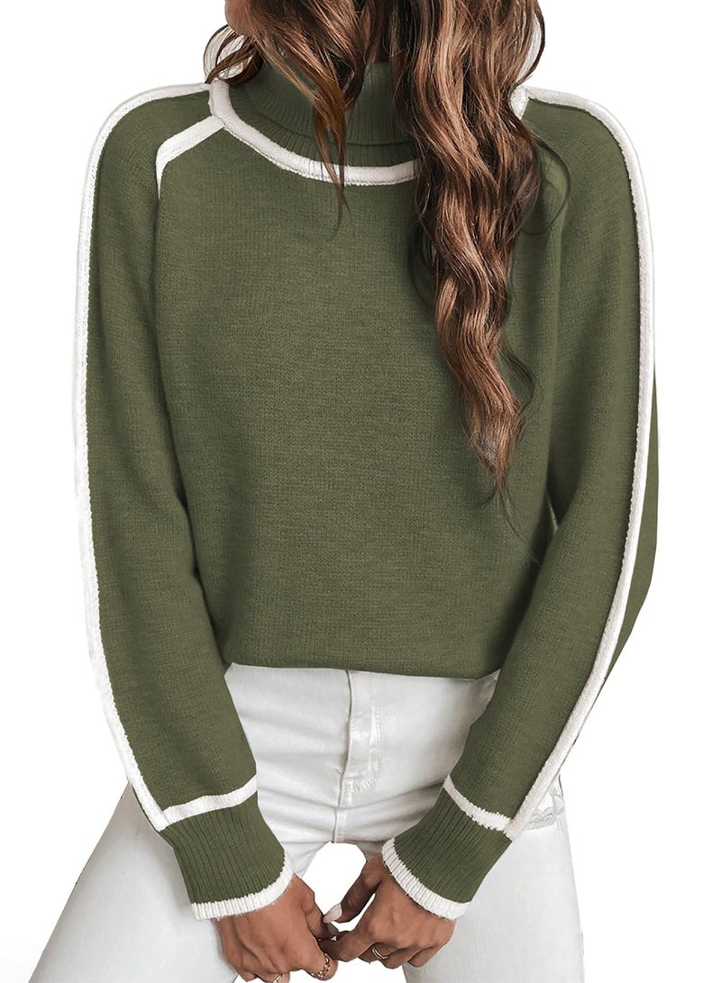 EVALESS Fall Sweaters for Women Trendy 2025 Cute Cozy Turtleneck Long Sleeve Colorblock Knitted Pullover Tops Jungle Green 2XL - Image 5