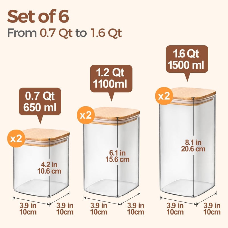 ComSaf Glass Food Storage Containers Set, Airtight Clear Food Jars with Bamboo Wooden Lids, Square Stackable Kitchen Canisters (22oz*2/37oz*2/50oz*2) - Image 2