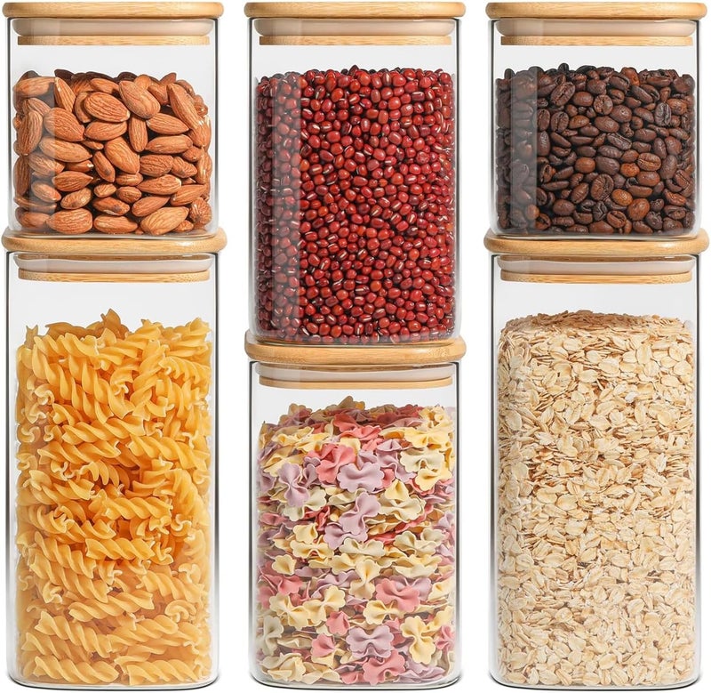 ComSaf Glass Food Storage Containers Set, Airtight Clear Food Jars with Bamboo Wooden Lids, Square Stackable Kitchen Canisters (22oz*2/37oz*2/50oz*2) - Image 1