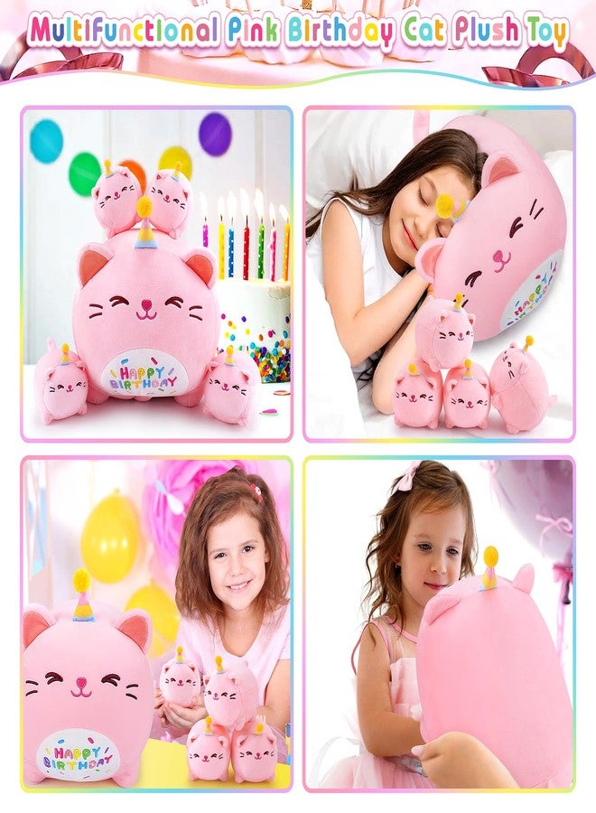 Auspicious beginning Pink Birthday Cat Plush, 5 PCS Cat Plush Stuffed Animal Family, 16" Pink Cat Mommy White Cat with 4 Baby Kittens Cat Plushies,Kawaii Cat Plush Toy Christmas Birthday Gifts for Kids Boys Girls - Image 2