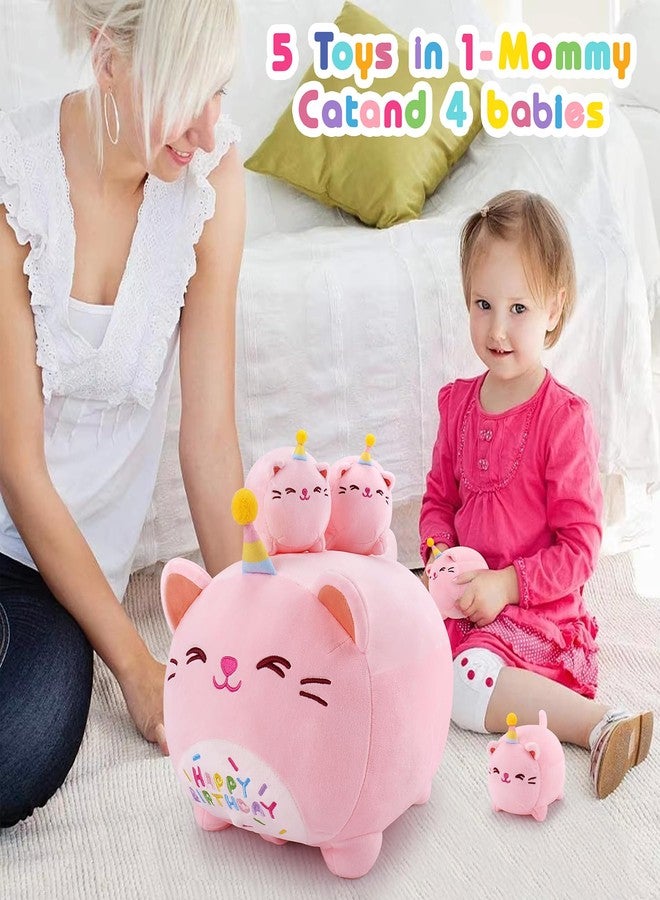Auspicious beginning Pink Birthday Cat Plush, 5 PCS Cat Plush Stuffed Animal Family, 16" Pink Cat Mommy White Cat with 4 Baby Kittens Cat Plushies,Kawaii Cat Plush Toy Christmas Birthday Gifts for Kids Boys Girls - Image 5