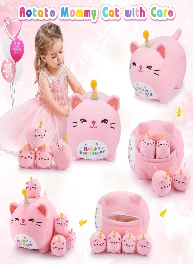 Auspicious beginning Pink Birthday Cat Plush, 5 PCS Cat Plush Stuffed Animal Family, 16" Pink Cat Mommy White Cat with 4 Baby Kittens Cat Plushies,Kawaii Cat Plush Toy Christmas Birthday Gifts for Kids Boys Girls - Image 4