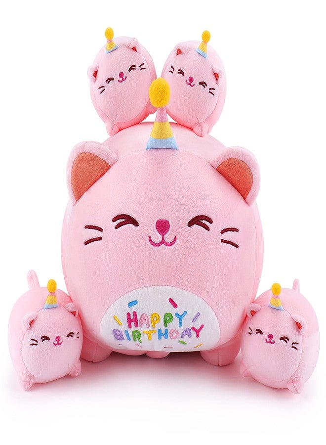 Auspicious beginning Pink Birthday Cat Plush, 5 PCS Cat Plush Stuffed Animal Family, 16" Pink Cat Mommy White Cat with 4 Baby Kittens Cat Plushies,Kawaii Cat Plush Toy Christmas Birthday Gifts for Kids Boys Girls - Image 1