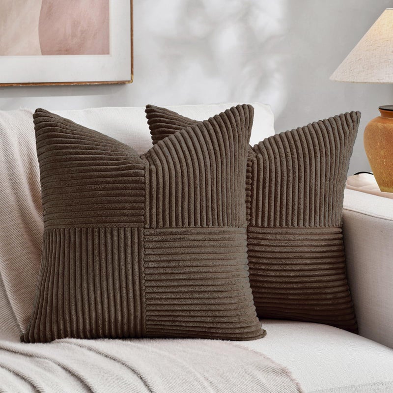 Fancy Homi 2 Packs Dark Brown Decorative Throw Pillow Covers 18x18 Inch for Living Room Couch Bed Sofa Rustic Farmhouse Boho Home Decor Soft Corss Corduroy Patchwork Textured Cushion Case 45x45 cm