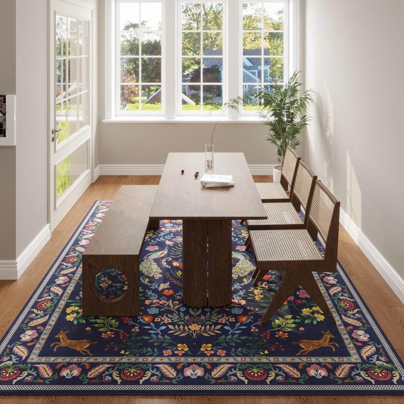 Rugcomf Living Room Rug 5x7 Rug Machine Washable Area Rug Floral Non-Slip Low Pile Large Rugs for Living Room, Bedroom, Farmhouse, Dining Room, Kids Playroom(Blue) - Image 5