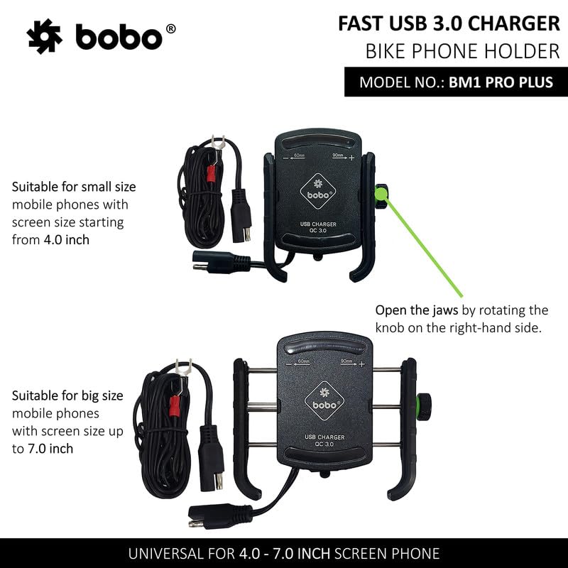 Bobo BM1 PRO Plus with Vibration Damper Waterproof Bike/Motorcycle/Scooter Mobile Phone Holder Mount with Fast USB 3.0 Charger, SAE Connector & USB Cable, Ideal for Maps and GPS Navigation (Black) - Image 4