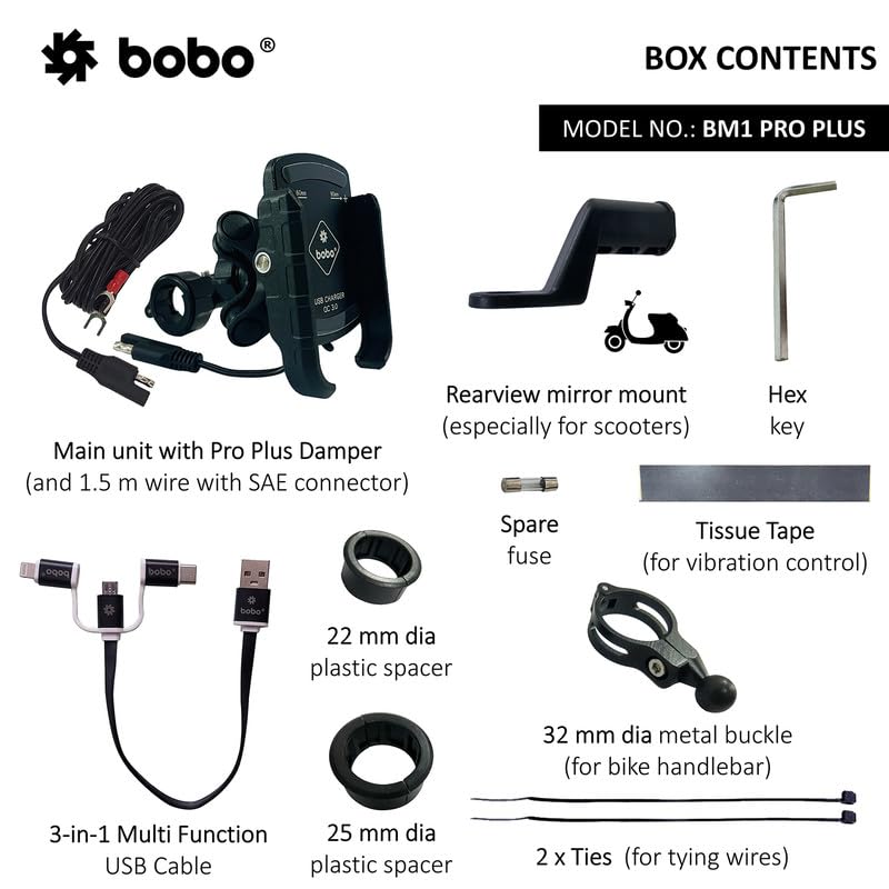 Bobo BM1 PRO Plus with Vibration Damper Waterproof Bike/Motorcycle/Scooter Mobile Phone Holder Mount with Fast USB 3.0 Charger, SAE Connector & USB Cable, Ideal for Maps and GPS Navigation (Black) - Image 3