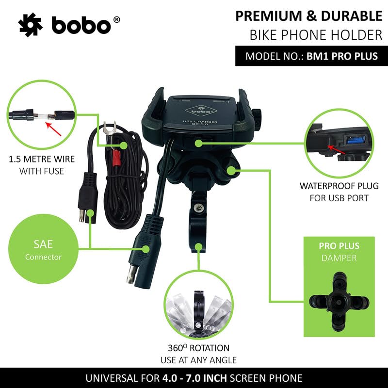 Bobo BM1 PRO Plus with Vibration Damper Waterproof Bike/Motorcycle/Scooter Mobile Phone Holder Mount with Fast USB 3.0 Charger, SAE Connector & USB Cable, Ideal for Maps and GPS Navigation (Black) - Image 2