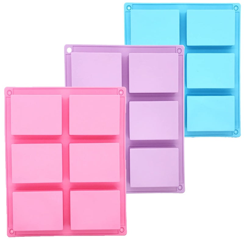3 Pack Silicone Soap Molds  6 Cavity Rectangle Molds for Craft Soap Muffin Loaf Cornbread Cake Chocolate  Ice Cube Trays Blue Pink Purple