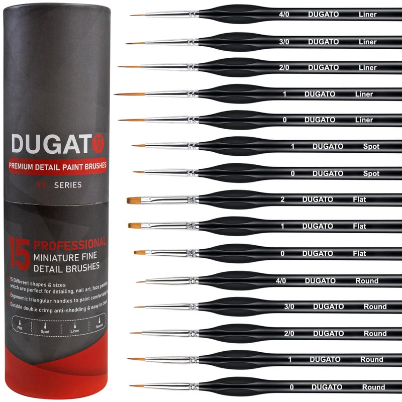 DUGATO Detail Paint Brush Set, 15pcs Fine Miniature Paint Brushes Kit with Ergonomic Triangular Handle, Holder and Travel Bag, Perfect for Acrylic, Oil, Watercolor, Art, Scale, Model, Face, Paint by Numbers - Image 1