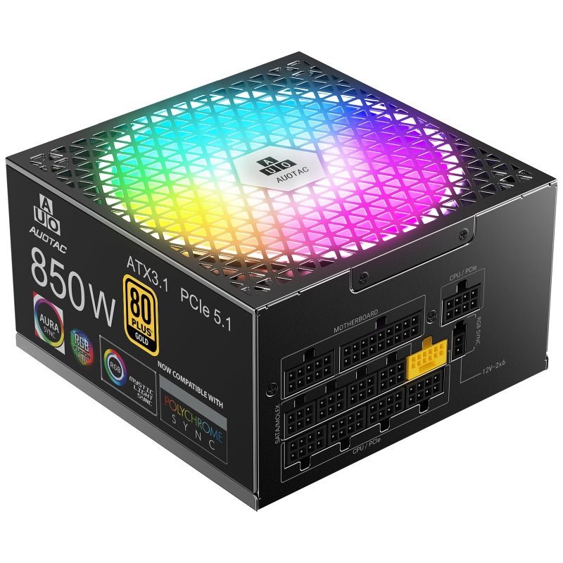 Auotac 850W Fully Modular Power Supply 80+ Gold Certified with 12V-2x6 Cable â€“ ATX 3.1 & PCIe 5.1 Compliant, 140mm RGB Low-Noise Smart Fan, 105â„ƒ-Rated Capacitors, Black - Image 2