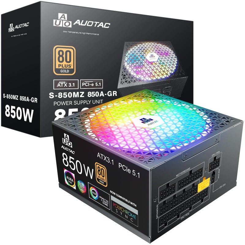 Auotac 850W Fully Modular Power Supply 80+ Gold Certified with 12V-2x6 Cable â€“ ATX 3.1 & PCIe 5.1 Compliant, 140mm RGB Low-Noise Smart Fan, 105â„ƒ-Rated Capacitors, Black - Image 1