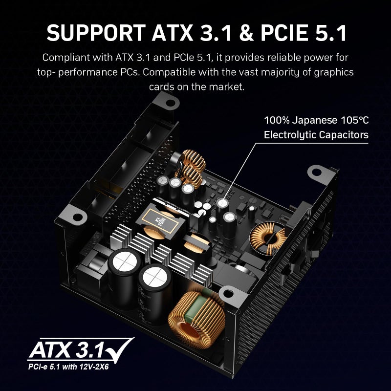 Auotac 850W Fully Modular Power Supply 80+ Gold Certified with 12V-2x6 Cable â€“ ATX 3.1 & PCIe 5.1 Compliant, 140mm RGB Low-Noise Smart Fan, 105â„ƒ-Rated Capacitors, Black - Image 4