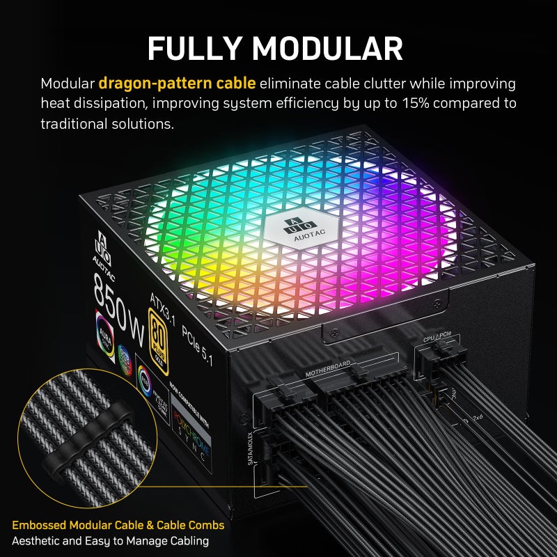 Auotac 850W Fully Modular Power Supply 80+ Gold Certified with 12V-2x6 Cable â€“ ATX 3.1 & PCIe 5.1 Compliant, 140mm RGB Low-Noise Smart Fan, 105â„ƒ-Rated Capacitors, Black - Image 5