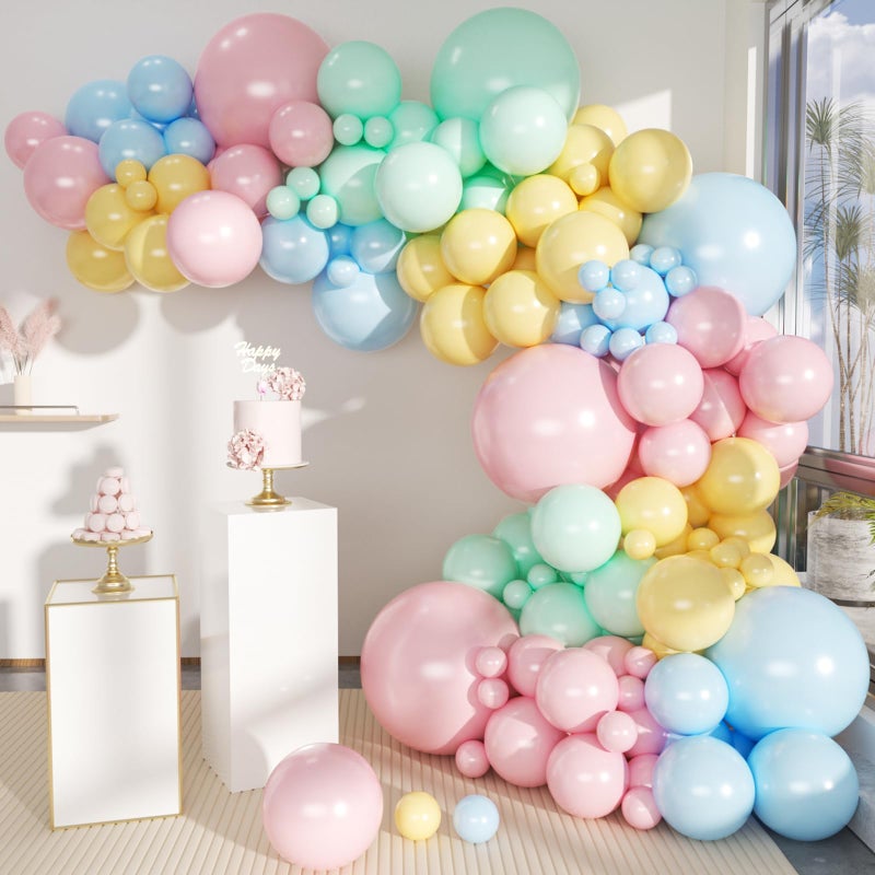 MEBAY Pastel Balloon Garland Arch Kit, 146Pcs Macaron Pink Blue Green Yellow Latex Balloons Different Sizes 18 12 10 5 Inch for Gender Reveal Baby Shower Wedding Birthday Party Decoration - Image 1