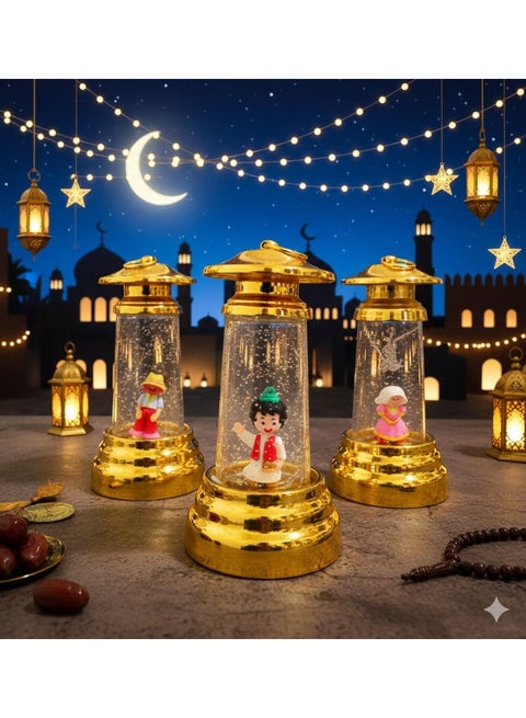 Ramadan lantern, metal, Fananees characters, gold, multi-colored LED lighting, Fananees lantern and Al Kabeer Awi lantern.