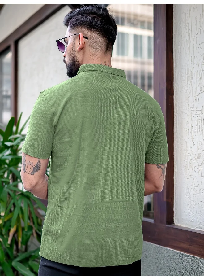 Maniac Mens Solid Henley Neck Half Sleeve Hunter Green Cotton Slim T-Shirt