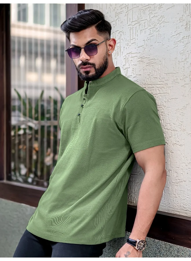 Maniac Mens Solid Henley Neck Half Sleeve Hunter Green Cotton Slim T-Shirt