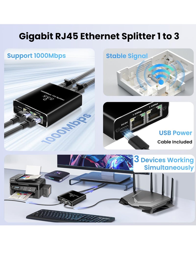 Excefore - Ethernet Splitter High Speed, Ethernet Splitter 1 to 3 High Speed 1000Mbps, with USB Power Cable, LAN Splitter for Cat 5/5e/6/7/8 Cable (Supports 3 Devices Working Simultaneously) - Image 1