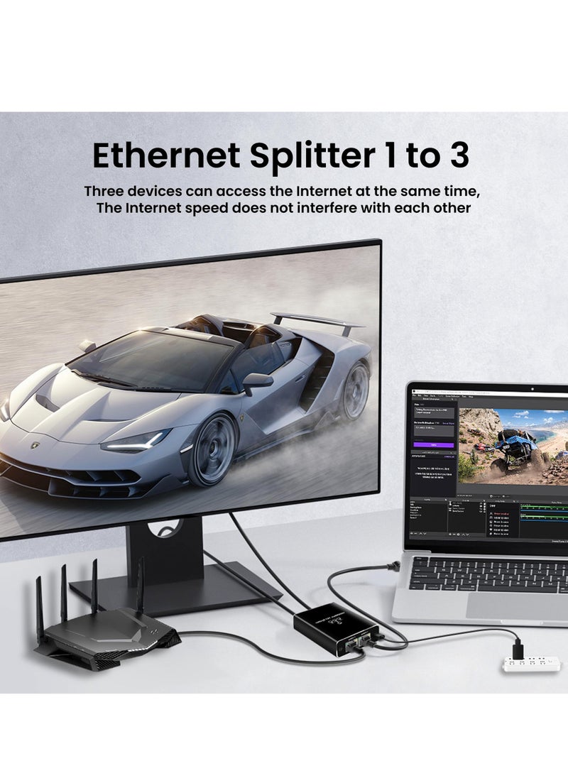 Excefore - Ethernet Splitter High Speed, Ethernet Splitter 1 to 3 High Speed 1000Mbps, with USB Power Cable, LAN Splitter for Cat 5/5e/6/7/8 Cable (Supports 3 Devices Working Simultaneously) - Image 1