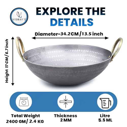 VISMAY'S 5.5 Litre 13.5 Inch Food Grade Iron Kadai India’s 1st Smooth Edge kadhai Strong Riveted Handle Traditional Frying Pan Wok Hammered Heavy Base Metal Spoon Friendly Works on Gas and Induction - Image 2
