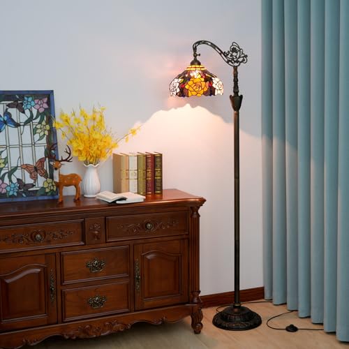 Blivuself Tiffany Floor Lamp Vintage Standing Lamp Rose flowers Style Stained Glass Floor Light Rustic Corner Gooseneck Floor Lamp with Adjustable Angle for Home Decor Living Room Bedroom 12X12X63 Inches - Image 2