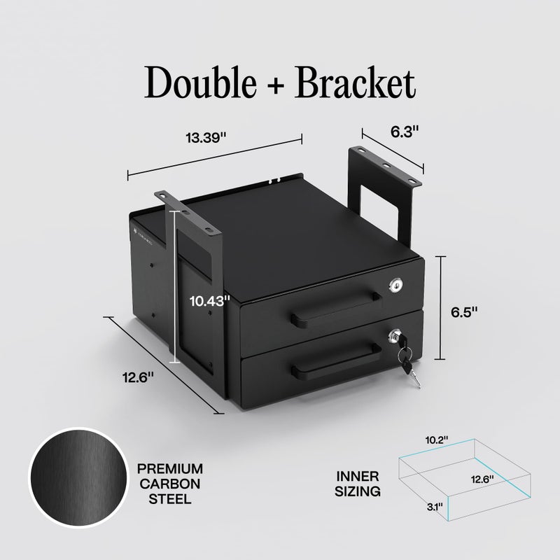 COREMINDED Under Desk Drawer Slide-Out â€“ Lockable Metal Storage Drawers with Cable Management for Office & Home (Double, Bracketed) - Image 2