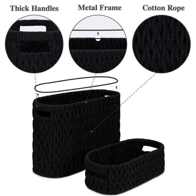 Jukercici Boho Toilet Paper Storage Baskets, Cotton Rope Woven Bathroom Basket Set of 2, Standing Toilet Paper Holder for 6 Mega Rolls,Storage Bins for Toilet Tank Top, Bathroom Organizer Decor (Black 2 Pack) - Image 2