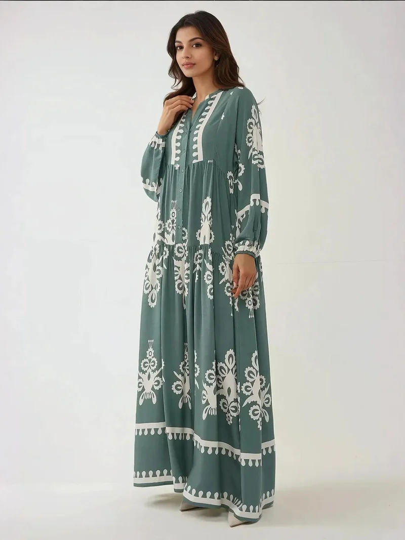 HICCUP Printed Long Sleeve Viscose Maxi Dress