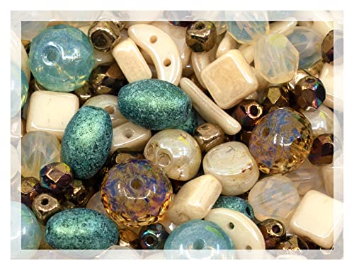 Bohemia Crystal Valley 2.1oz (60 g) Mix of Unique Czech Bohemia Glass Pressed Beads, Matte and Glossy, Hand Made, Beige Blue Luster - Image 3