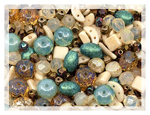 Bohemia Crystal Valley 2.1oz (60 g) Mix of Unique Czech Bohemia Glass Pressed Beads, Matte and Glossy, Hand Made, Beige Blue Luster - Image 1