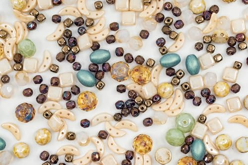 Bohemia Crystal Valley 2.1oz (60 g) Mix of Unique Czech Bohemia Glass Pressed Beads, Matte and Glossy, Hand Made, Beige Blue Luster - Image 4