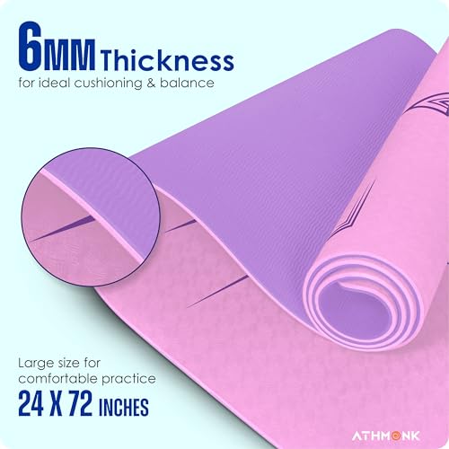 Athmonk Dual Colour TPE Pro Yoga Mat for Woman and Man with Alignment Guide Lines | Home Gym Equipment Exercise Mats for Workout | 6mm Thick Anti Slip Mat for Kids | Big Size with Cover Bag, Pink - Image 4