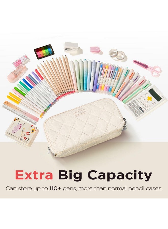 Sooez Large Pencil Case Pouch,Extra Big Pencil Bag with 8 Compartments,Pen Bag Wide Opening,Soft Quilted Pencil Pouch Organizer with Zipper,Portable Pencil Case for Teen Girls,Beige - Image 3