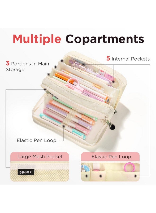 Sooez Large Pencil Case Pouch,Extra Big Pencil Bag with 8 Compartments,Pen Bag Wide Opening,Soft Quilted Pencil Pouch Organizer with Zipper,Portable Pencil Case for Teen Girls,Beige - Image 4