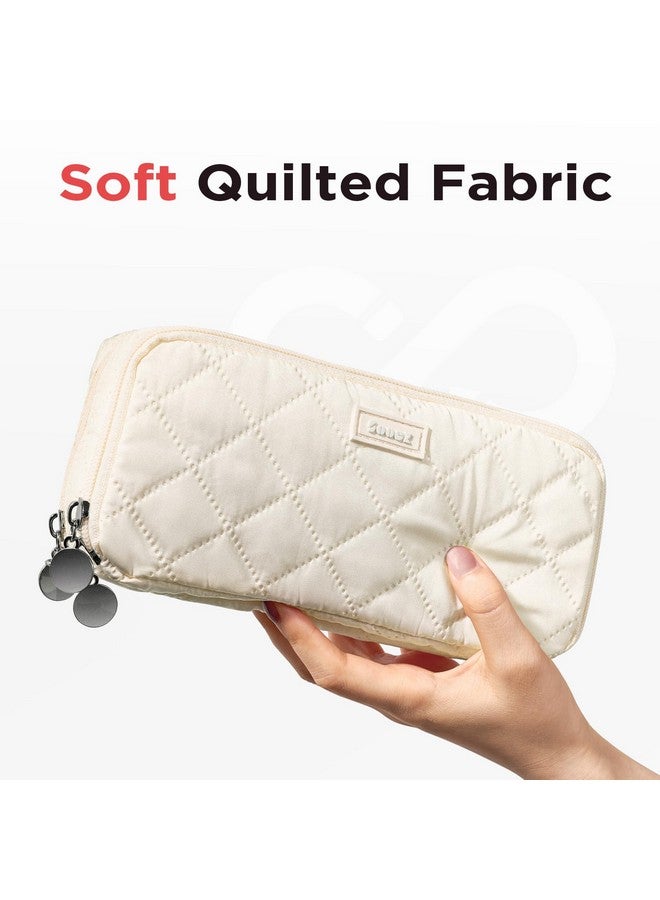 Sooez Large Pencil Case Pouch,Extra Big Pencil Bag with 8 Compartments,Pen Bag Wide Opening,Soft Quilted Pencil Pouch Organizer with Zipper,Portable Pencil Case for Teen Girls,Beige - Image 2