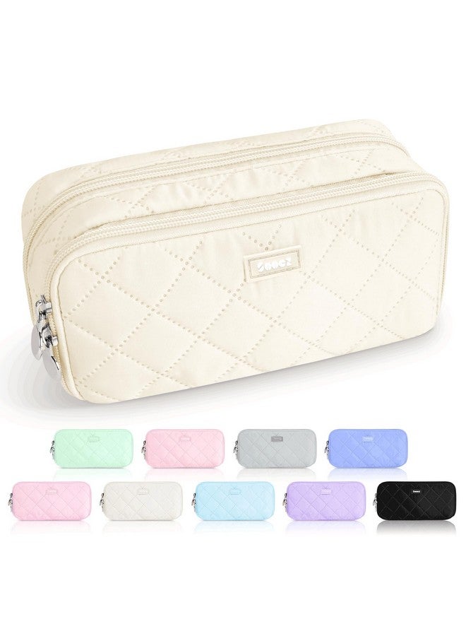 Sooez Large Pencil Case Pouch,Extra Big Pencil Bag with 8 Compartments,Pen Bag Wide Opening,Soft Quilted Pencil Pouch Organizer with Zipper,Portable Pencil Case for Teen Girls,Beige - Image 1