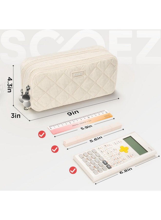 Sooez Large Pencil Case Pouch,Extra Big Pencil Bag with 8 Compartments,Pen Bag Wide Opening,Soft Quilted Pencil Pouch Organizer with Zipper,Portable Pencil Case for Teen Girls,Beige - Image 5