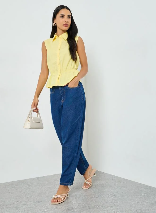Styli Yellow Sleeveless Peplum Cotton Shirt