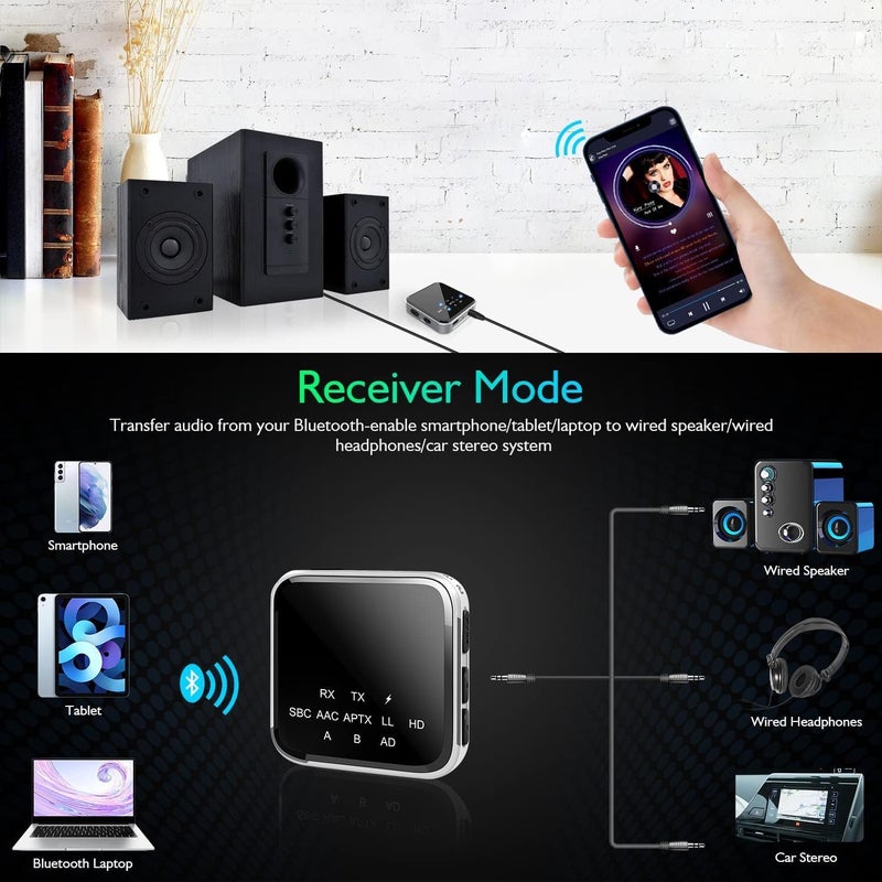 MAKINGTEC Bluetooth 5.2 Transmitter Receiver for TV to Wireless Headphones/Speakers, APTX Adaptive/HD/Low Latency Wireless 3.5mm AUX Audio Adapter for PC,Car,Gym, Home Stereo System, 15hrs Playtime, Dual Link - Image 5