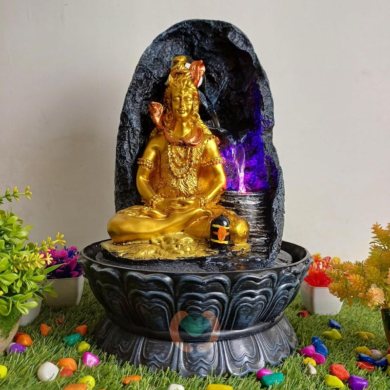 MERUPAM Merupam Shiva with Shivlinga Tabletop Water Fountain for Home Decor Multicolor LED Light Meditation Relaxing Indoor Decoration Water Fountain M27  - Image 1