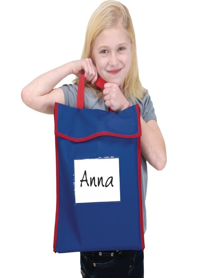 Really Good Stuff-666029 Store More Large Book Pouches - Send Home Books and Homework in Durable Fabric Book Bag - Stitched-On Handle, Clear Name Tag Pocket, Primary Colors, 12”x1”x15” (Set of 4) - Image 4