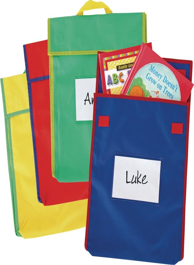 Really Good Stuff-666029 Store More Large Book Pouches - Send Home Books and Homework in Durable Fabric Book Bag - Stitched-On Handle, Clear Name Tag Pocket, Primary Colors, 12”x1”x15” (Set of 4) - Image 1