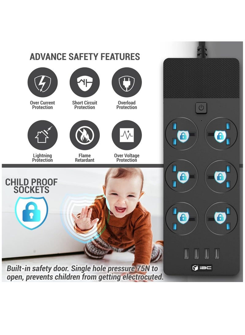 Excefore Extension Lead 2M/6.5FT, with 4 (2.1A) USB Slots, 6 Gang Electrical Sockets & Built-in Fuse, Surge & Shutter Protected Wall Mount Extension Cable, Black  - Image 4