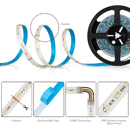 BTF-LIGHTING RGBCCT 5 Colors in 1 LED 5050SMD RGBWW RGB+Dimmable Tunable Color Temperature 2700K-6500K 16.4ft 60LEDs/m 300LEDs DC12V Multi-Colored Tape Lights IP65 White PCB(No Adapter or Controller) - Image 4