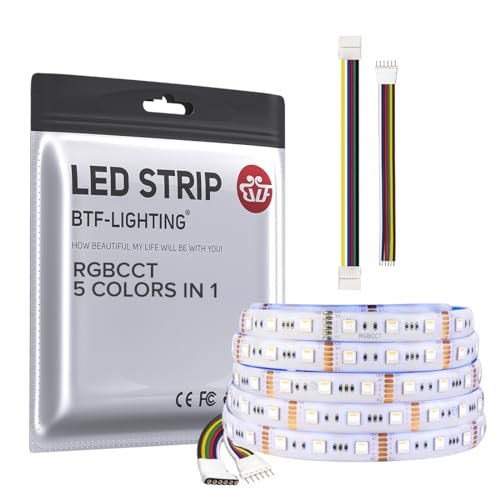 BTF-LIGHTING RGBCCT 5 Colors in 1 LED 5050SMD RGBWW RGB+Dimmable Tunable Color Temperature 2700K-6500K 16.4ft 60LEDs/m 300LEDs DC12V Multi-Colored Tape Lights IP65 White PCB(No Adapter or Controller) - Image 1