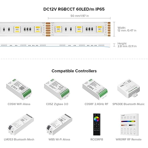 BTF-LIGHTING RGBCCT 5 Colors in 1 LED 5050SMD RGBWW RGB+Dimmable Tunable Color Temperature 2700K-6500K 16.4ft 60LEDs/m 300LEDs DC12V Multi-Colored Tape Lights IP65 White PCB(No Adapter or Controller) - Image 3