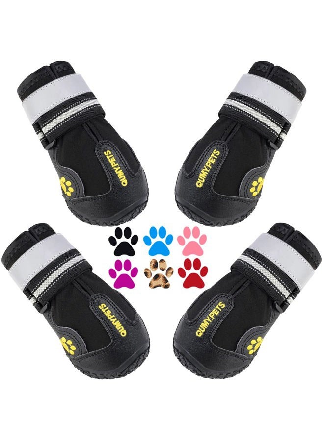 QUMY Dog Boots Waterproof Shoes For Large Dogs With Reflective Velcro Rugged Anti-Slip Sole Black 4PCS (Size 6: 2.9x2.5 Inch) - Image 1