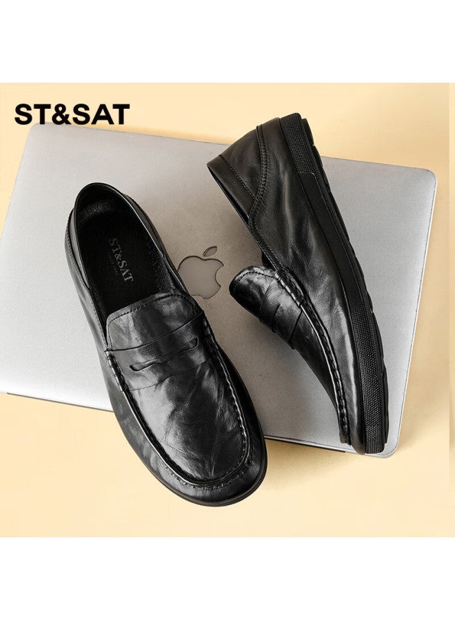 St&Sat Men'S Top Layer Leather Business Formal Shoes Lightweight Slip-On Casual Shoes Black Size 42 - Image 1
