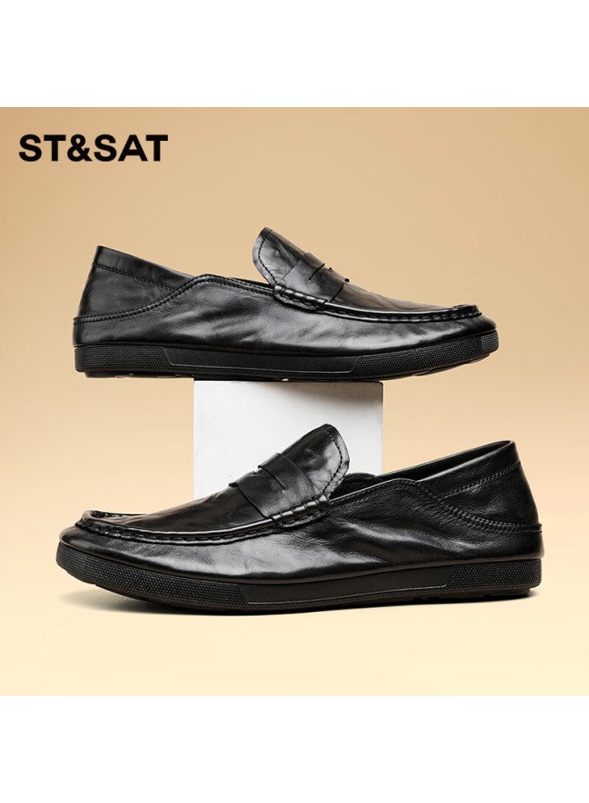St&Sat Men'S Top Layer Leather Business Formal Shoes Lightweight Slip-On Casual Shoes Black Size 42 - Image 2